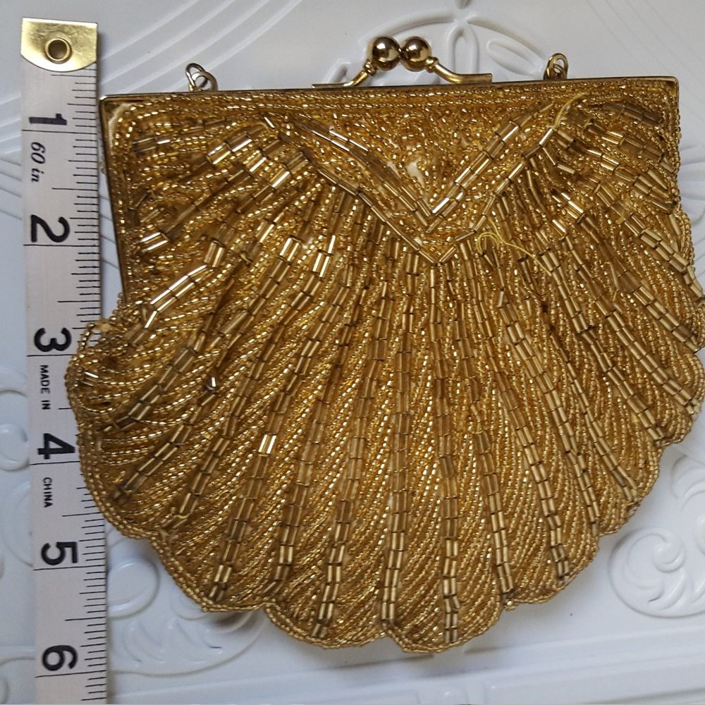 Clutch Bag Antique Gold Beaded Glass Beads Shoulde - Picture 5 of 6